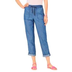 Talbots Chambray Crop Pants Women 16 Blue Excellent Lyocell Linen Drawstring